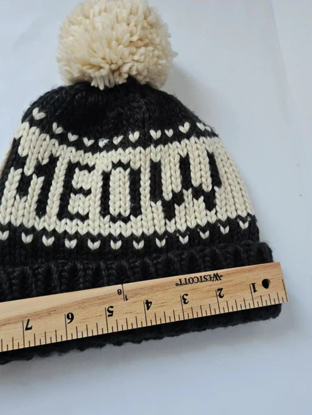 Meow Cat Knit Beanie Hat Black White Pom Pom Winter One Size